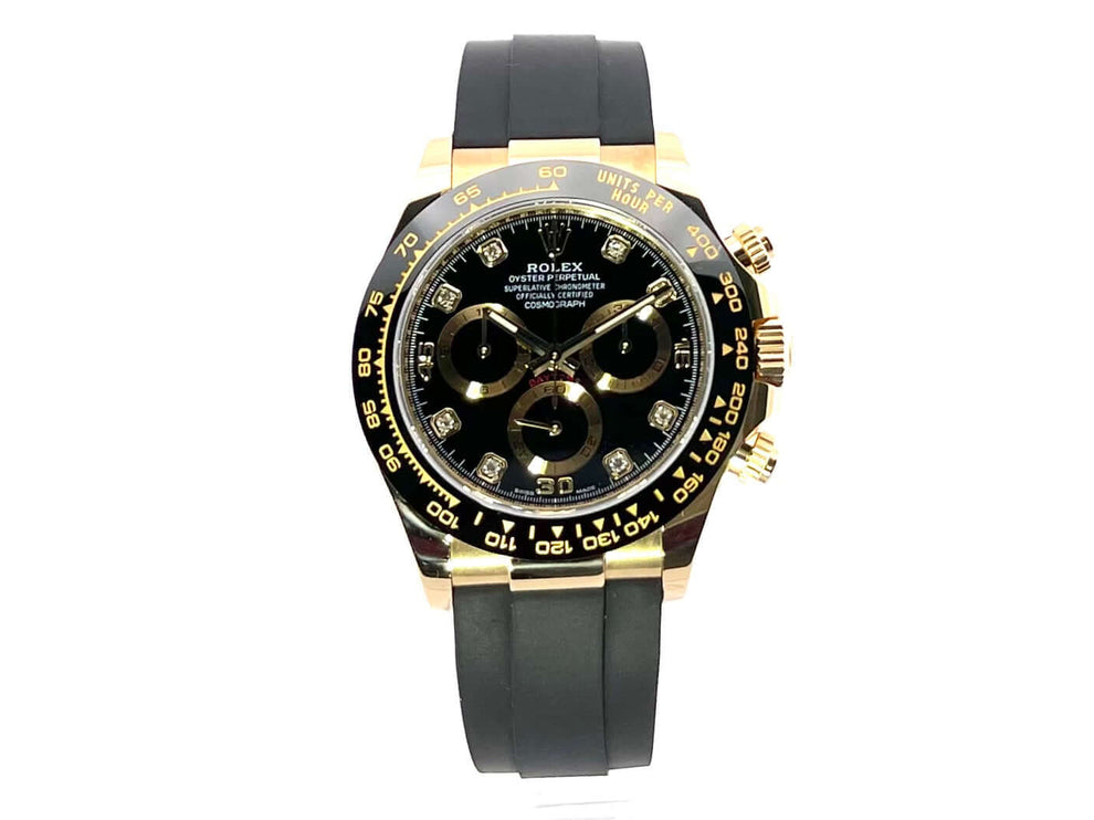 Rolex Daytona 116518LN Gelbgold Oysterflex schwarz Diamantzifferblatt mit Tachymeterskala und Keramik-Lünette.