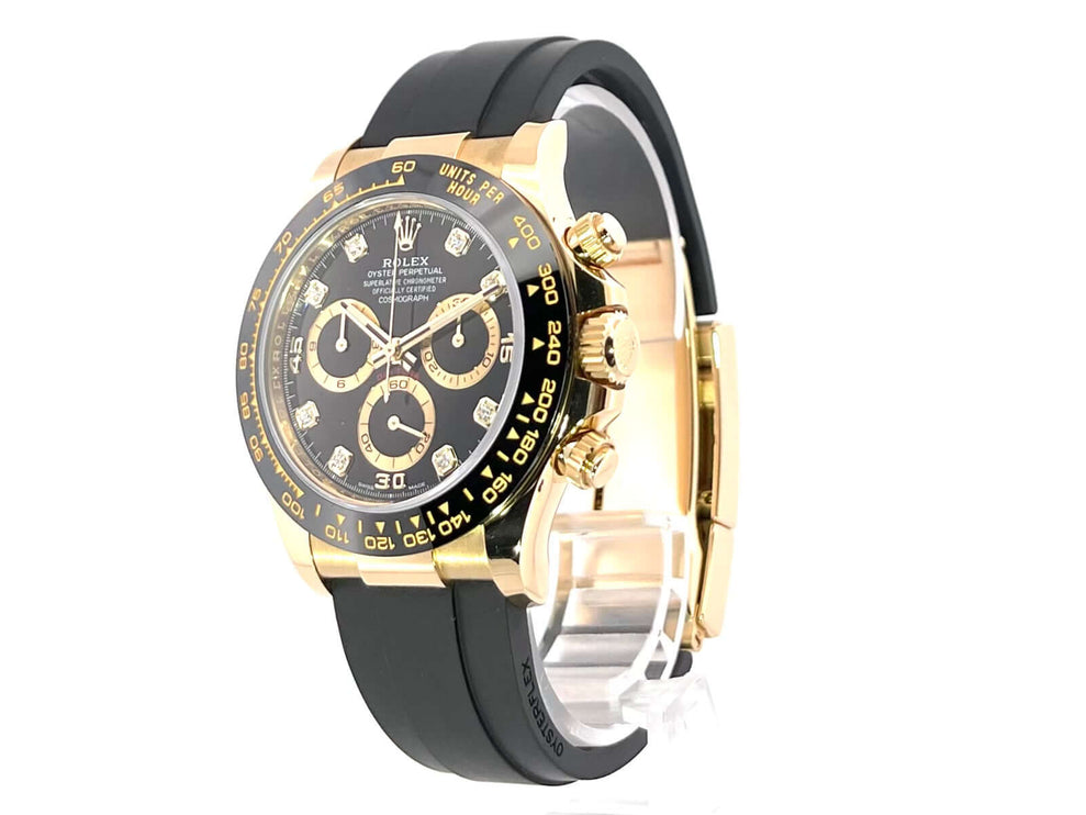 Rolex Daytona 116518LN Gelbgold/Oysterflex, schwarzes Diamantzifferblatt, Keramiklünette, 40mm, Tachymeterskala, luxuriöser Chronograph.