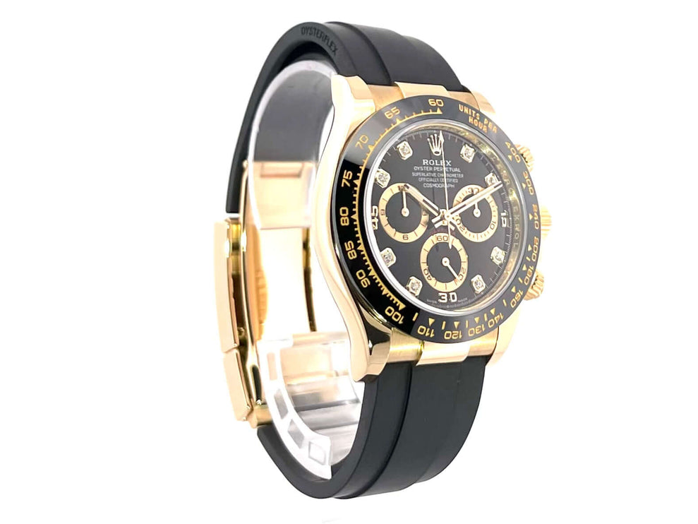 Rolex Daytona 116518LN Gelbgold mit schwarzem Oysterflex-Band und Diamantzifferblatt, 40 mm Gehäusedurchmesser, luxuriöse Herrenuhr.