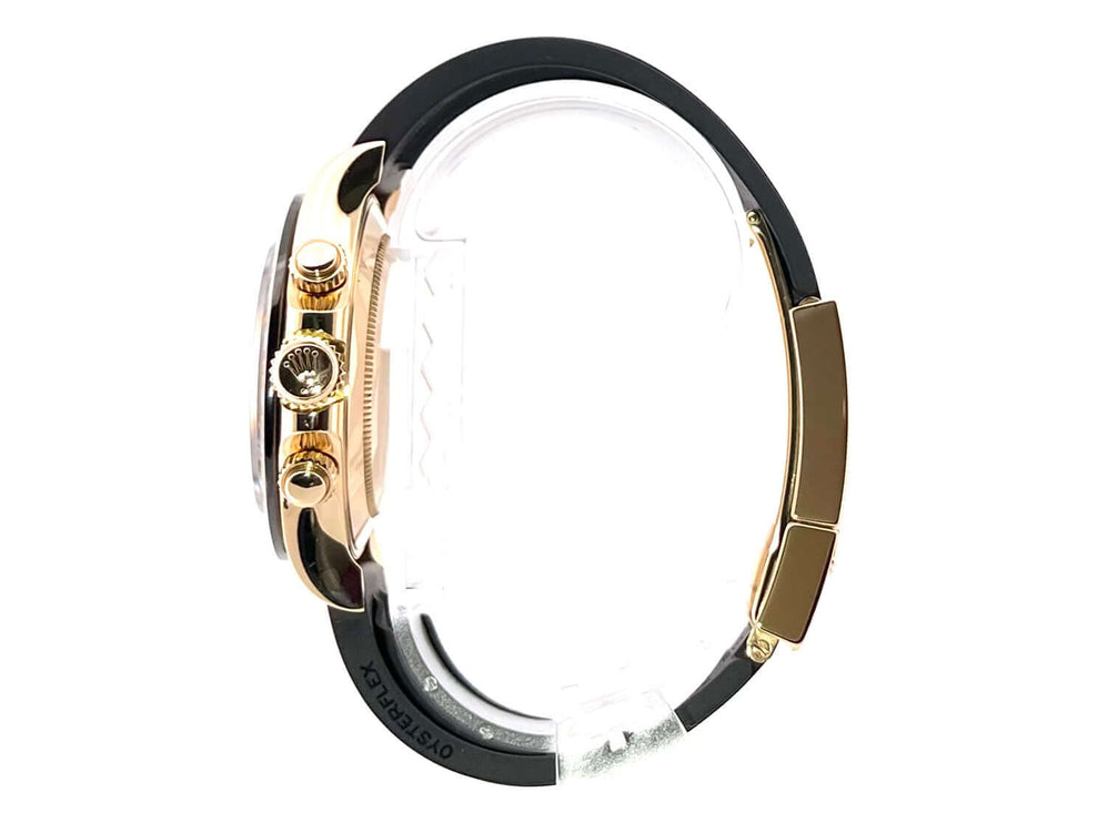 Rolex Daytona 116518LN Gelbgold Seitenansicht mit schwarzem Oysterflex-Band und gelbgoldener Faltschließe