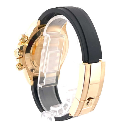 Rolex Daytona 116518LN Gelbgold mit schwarzem Oysterflex-Band und Faltschließe, Seitenansicht des Gehäuses aus 18 kt poliertem und satiniertem Gelbgold