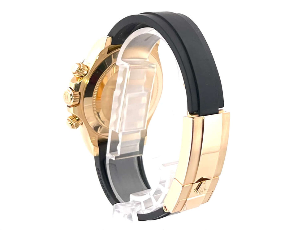 Rolex Daytona 116518LN Gelbgold mit schwarzem Oysterflex-Band und Faltschließe, Seitenansicht des Gehäuses aus 18 kt poliertem und satiniertem Gelbgold