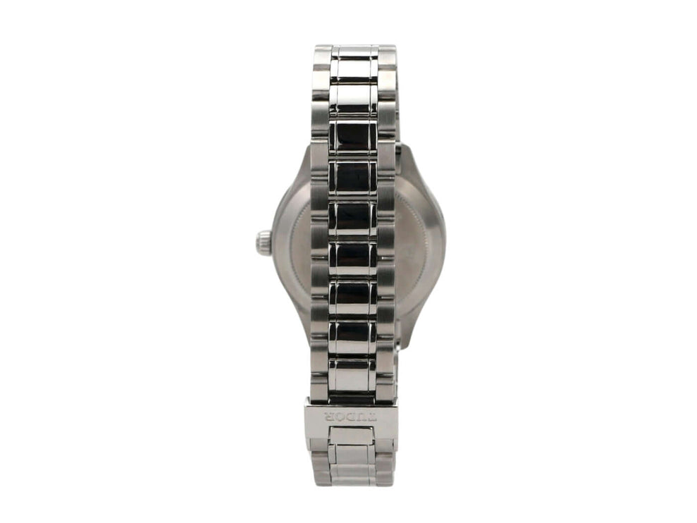 Tudor Style Ref. M12310-0001, Edelstahlgehäuse, 34 mm Durchmesser, schwarz-silbernes Band, wasserdicht bis 10 bar.