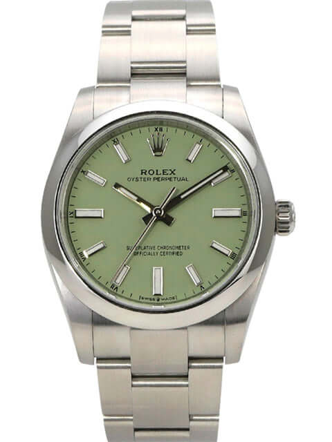 Rolex Oyster Perpetual 34 mm 124200 Pistachio mit grünem Zifferblatt und Edelstahlband
