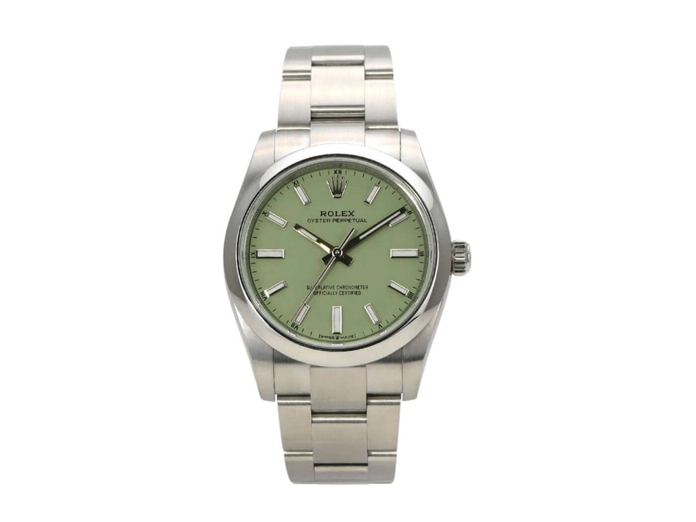 Rolex Oyster Perpetual 34 mm 124200 Pistachio mit grünem Zifferblatt und Edelstahlarmband.