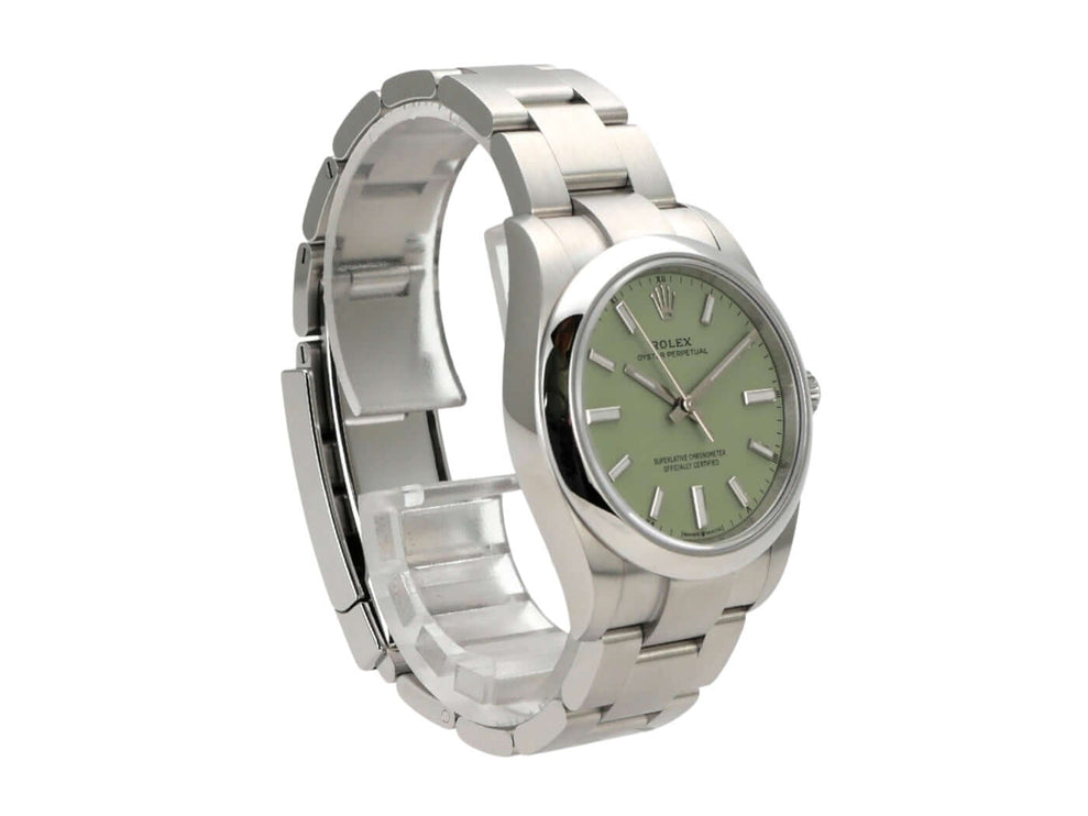 Rolex Oyster Perpetual 34 mm 124200 Pistachio mit grünem Zifferblatt und Edelstahlarmband.