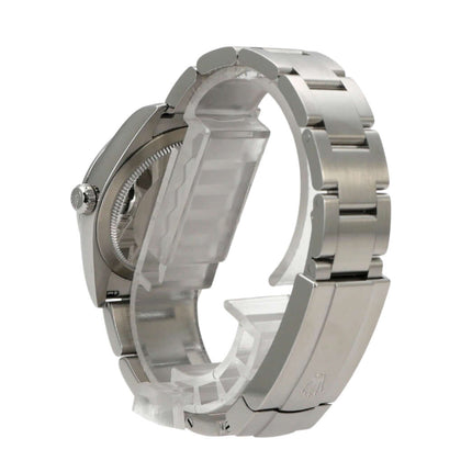 Rolex Oyster Perpetual 34 mm 124200 Pistachio Uhr mit Edelstahlarmband von der Seite.