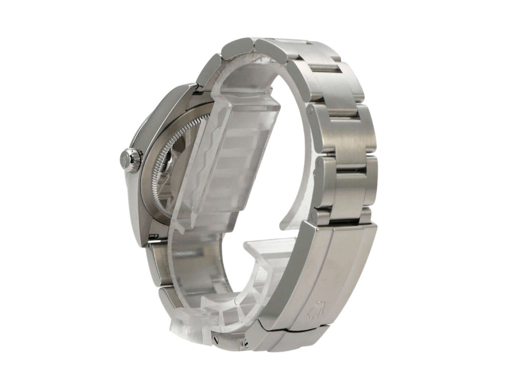 Rolex Oyster Perpetual 34 mm 124200 Pistachio Uhr mit Edelstahlarmband von der Seite.