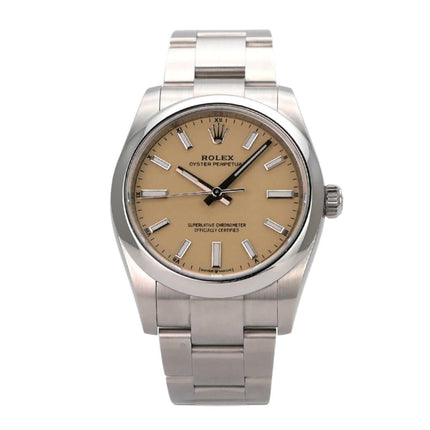 Rolex Oyster Perpetual 34 mm 124200 Beige mit beigem Zifferblatt, Edelstahlgehäuse und -band.