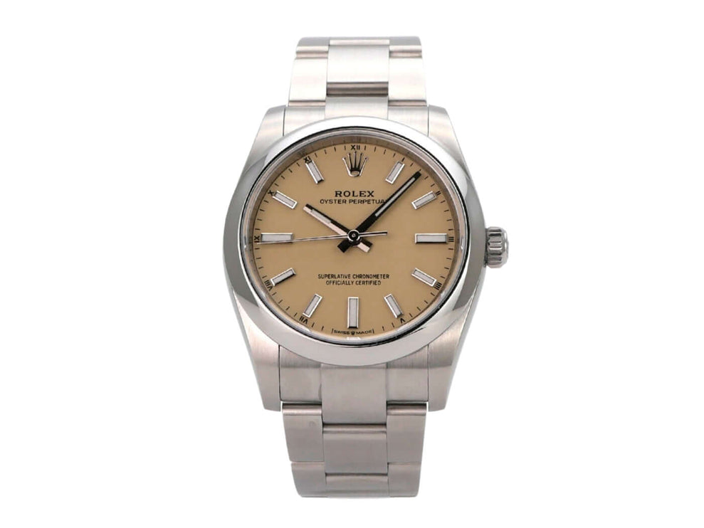 Rolex Oyster Perpetual 34 mm 124200 Beige mit beigem Zifferblatt, Edelstahlgehäuse und -band.