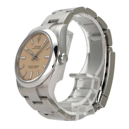 Rolex Oyster Perpetual 34 mm 124200 Beige, Edelstahlgehäuse, beigefarbenes Zifferblatt, poliertes Armband