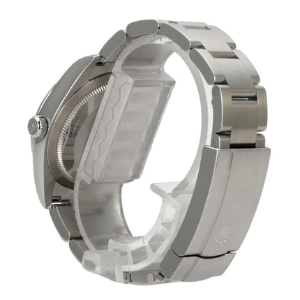 Rolex Oyster Perpetual 34 mm 124200 Beige Armband aus Edelstahl, Detailansicht der Uhr mit poliertem und satiniertem Gehäuse.