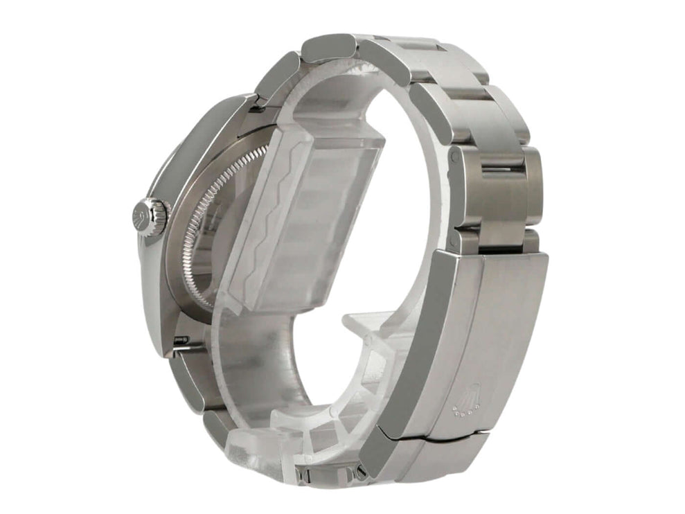 Rolex Oyster Perpetual 34 mm 124200 Beige Armband aus Edelstahl, Detailansicht der Uhr mit poliertem und satiniertem Gehäuse.