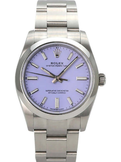 Rolex Oyster Perpetual 34 mm 124200 Lavender - Edelstahl, 34 mm, lila Zifferblatt, Automatik, wasserdicht bis 10 bar.