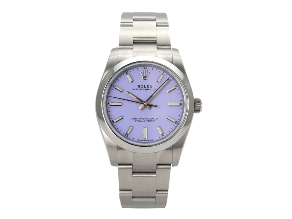 Rolex Oyster Perpetual 34 mm 124200 Lavender Herrenarmbanduhr Edelstahl mit lila Zifferblatt
