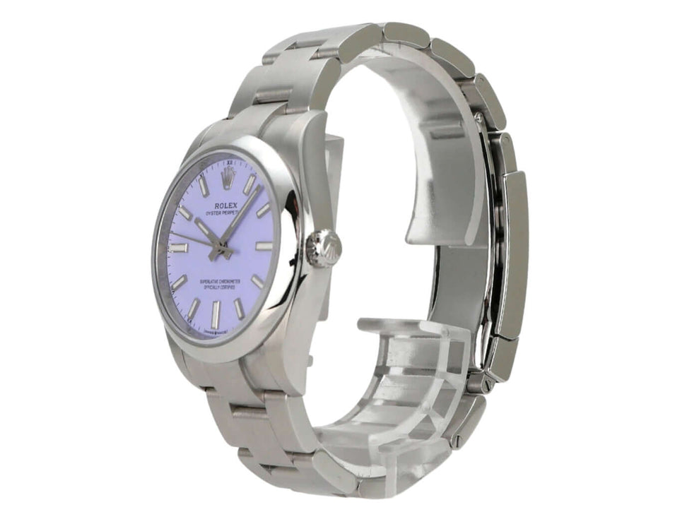 Rolex Oyster Perpetual 34 mm 124200 Lavender Uhr mit lila Zifferblatt und Edelstahlband seitlich betrachtet