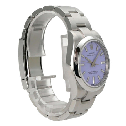Rolex Oyster Perpetual 34 mm 124200 Lavender in Edelstahl mit lila Zifferblatt und poliertem Armband.