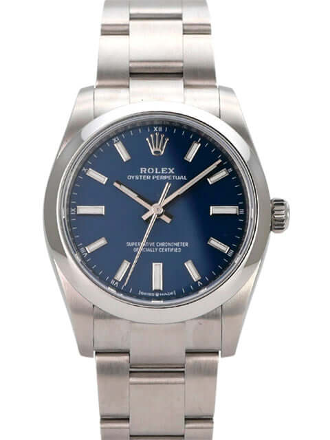 Rolex Oyster Perpetual 34 mm 124200 Med-Blue Herrenuhr mit blauem Zifferblatt und Edelstahlband.