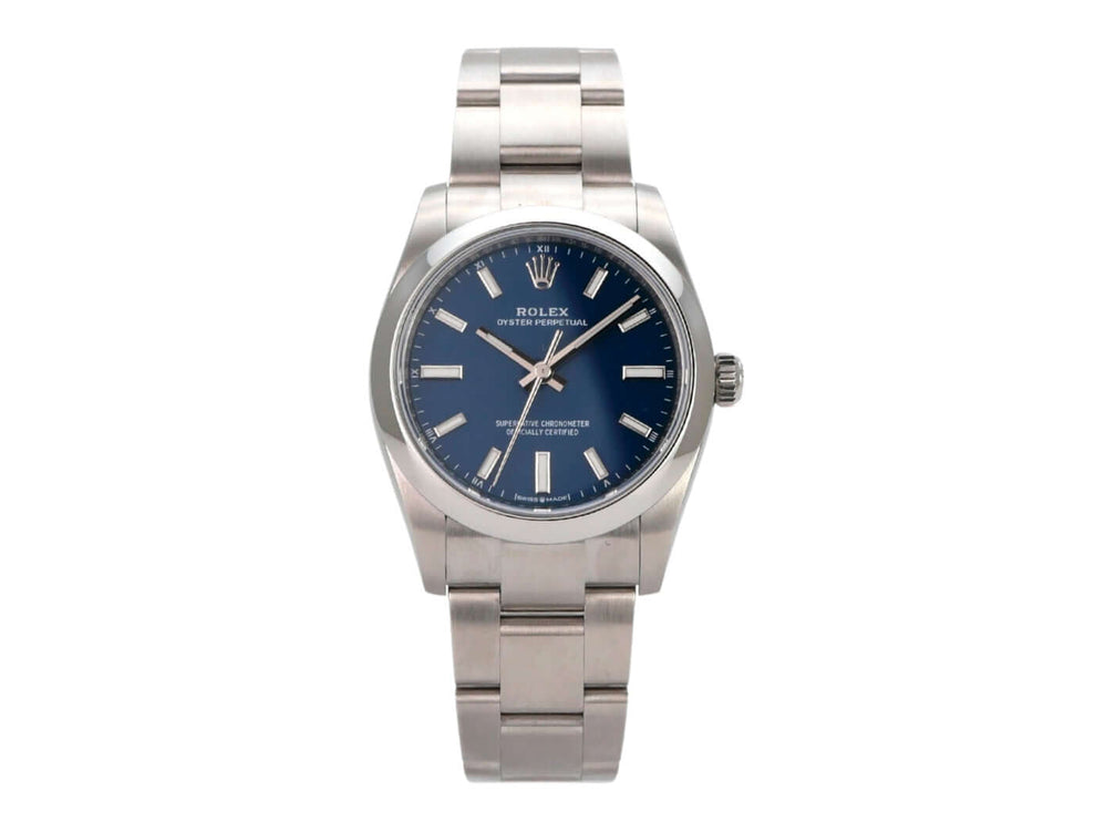 Rolex Oyster Perpetual 34 mm 124200 Med-Blue mit blauem Zifferblatt und Edelstahlband