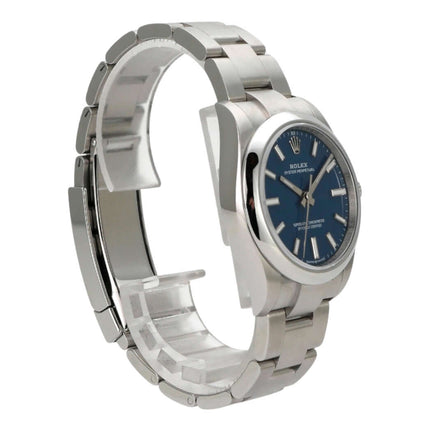 Rolex Oyster Perpetual 34 mm 124200 Med-Blue Uhr mit blauem Zifferblatt und Edelstahlarmband.