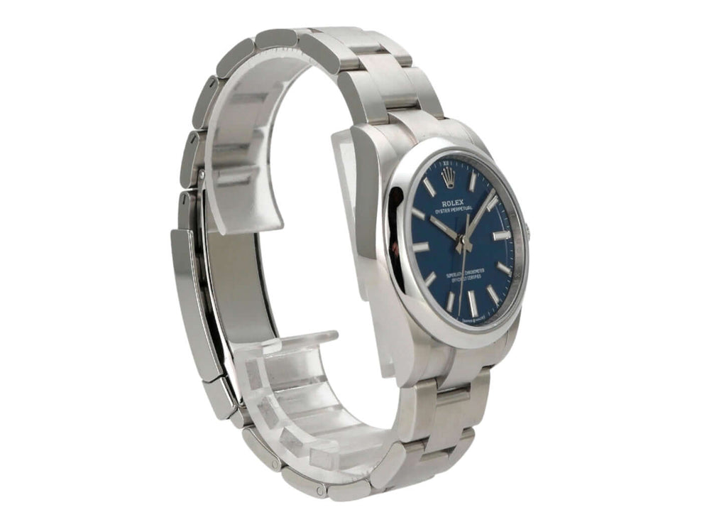 Rolex Oyster Perpetual 34 mm 124200 Med-Blue Uhr mit blauem Zifferblatt und Edelstahlarmband.
