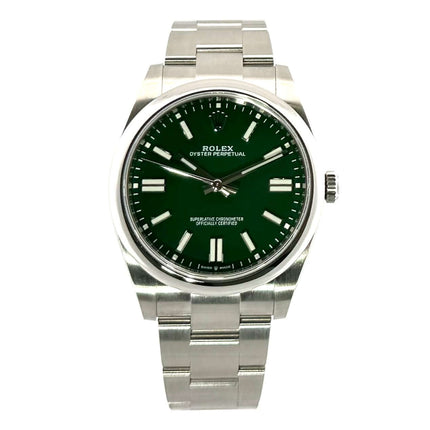 Rolex Oyster Perpetual 41 Ref. 124300 mit grünem Zifferblatt und Edelstahlband, ungetragen, Jahr 2021, komplett mit Box und Papieren.