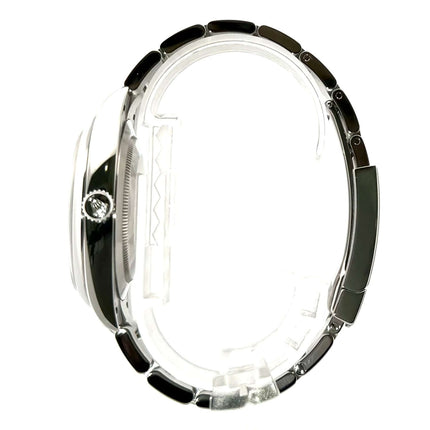 Rolex Oyster Perpetual 41 Ref. 124300 Seitenansicht, Edelstahlgehäuse und Armband, grün Zifferblatt, gefertigt in 11-2021, Saphirglas und Faltschließe.