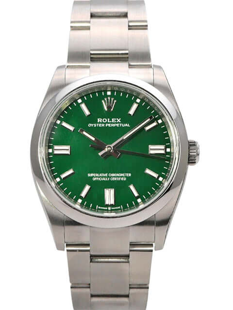 Rolex Oyster Perpetual 36 126000 Grün Automatikwerk mit grünem Zifferblatt und Edelstahl-Armband.