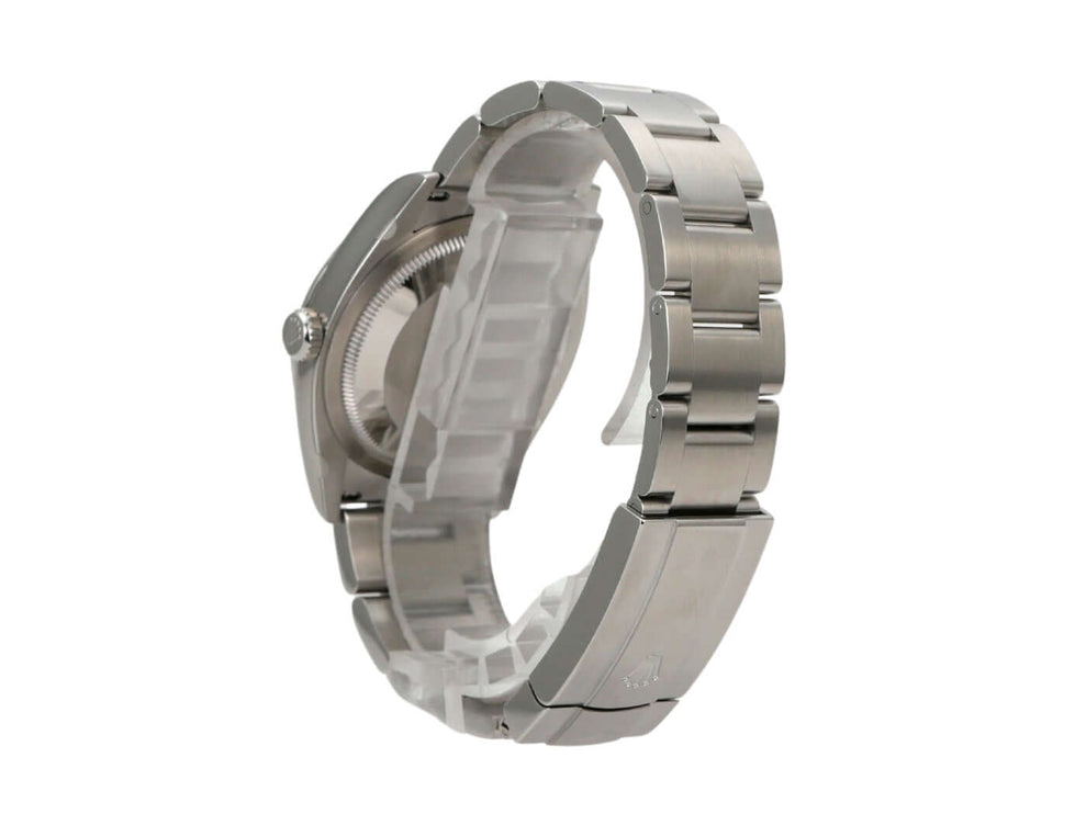 Rolex Oyster Perpetual 36 126000 Grün: Detailansicht des Edelstahlarmbands und Gehäuses.