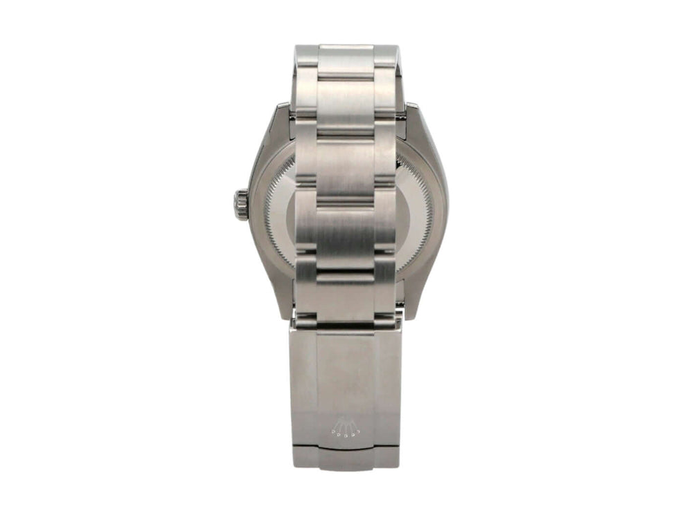 Rolex Oyster Perpetual 36 126000 Grün Ansicht der Rückseite mit Edelstahlarmband und Gehäuse.