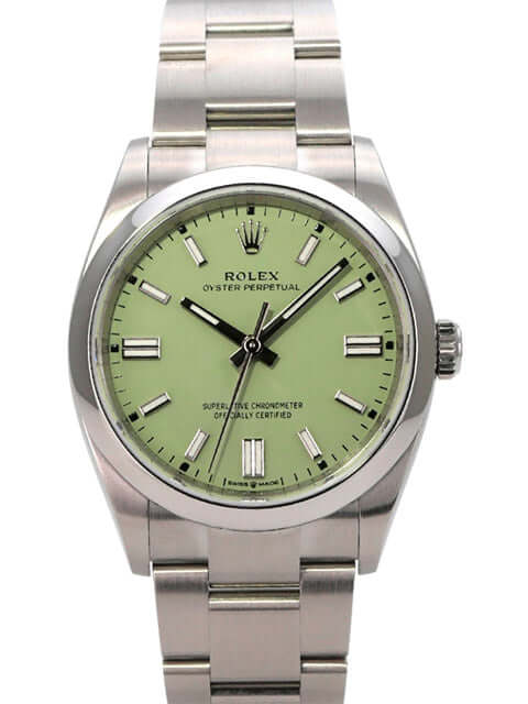 Rolex Oyster Perpetual 36 126000 Pistachio mit grünem Zifferblatt und Edelstahlarmband.