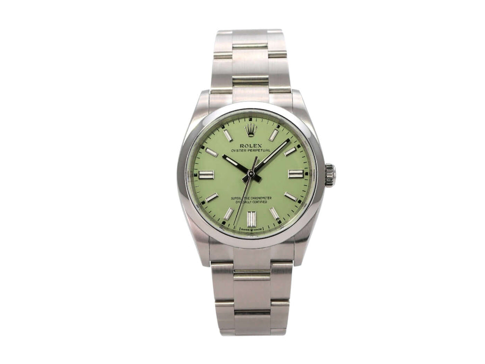 Rolex Oyster Perpetual 36 126000 Pistachio Edelstahl Uhr mit grünem Zifferblatt und satiniertem Armband.