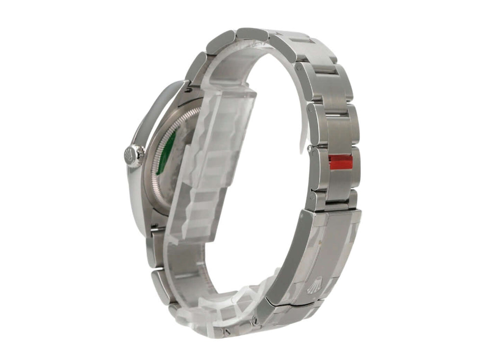 Rolex Oyster Perpetual 36 126000 Pistachio Uhr mit Edelstahlarmband und Faltschließe, Seitenansicht.