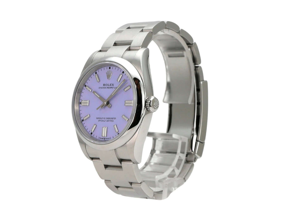 Rolex Oyster Perpetual 36 126000 Lavender mit Edelstahlarmband und lila Zifferblatt.