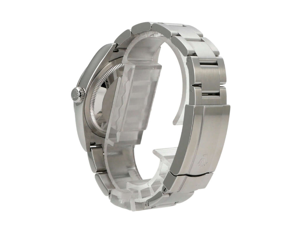 Rolex Oyster Perpetual 36 126000 Lavender, Edelstahl Gehäuse und Band, detailierte Seitenansicht.