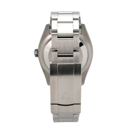 Rolex Oyster Perpetual 36 126000 Lavender Rückansicht des Edelstahlarmbands mit Faltschließe.