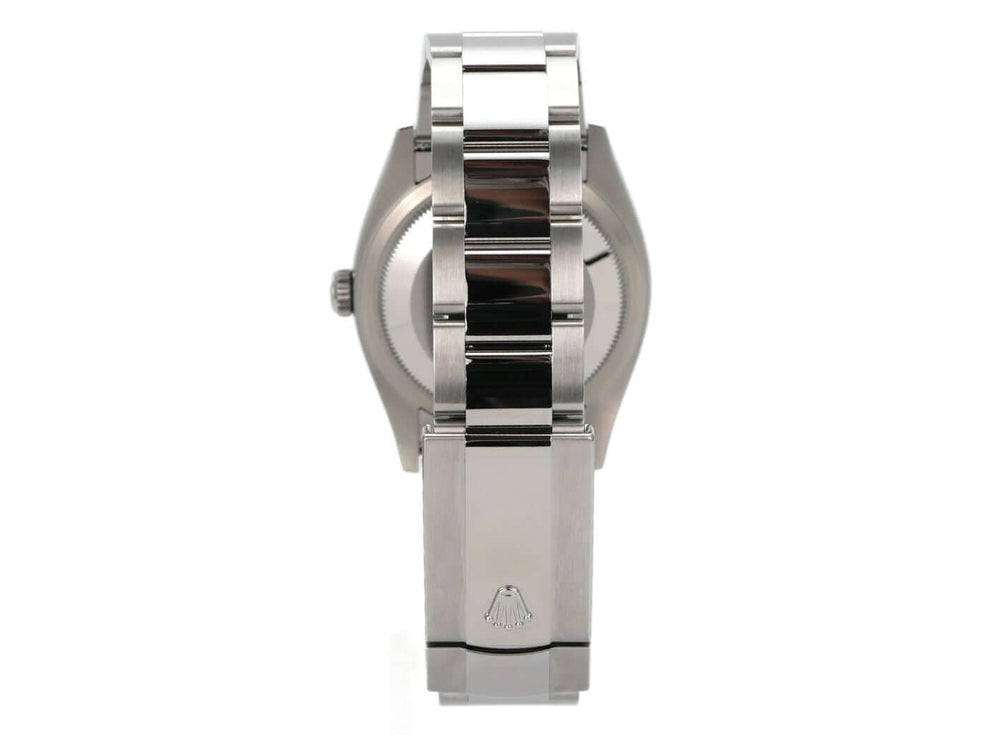Detailansicht des Rolex Datejust 36 Oystersteel 126200 Grün Ombre mit Oystersteel-Armband.