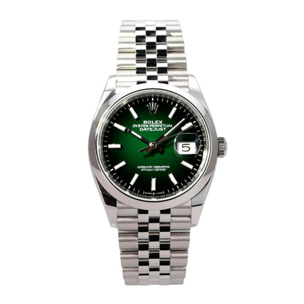 Rolex Datejust 36 Oystersteel 126200 Grün Ombre Jubile-Band, Edelstahl-Herrenuhr mit grünem Zifferblatt