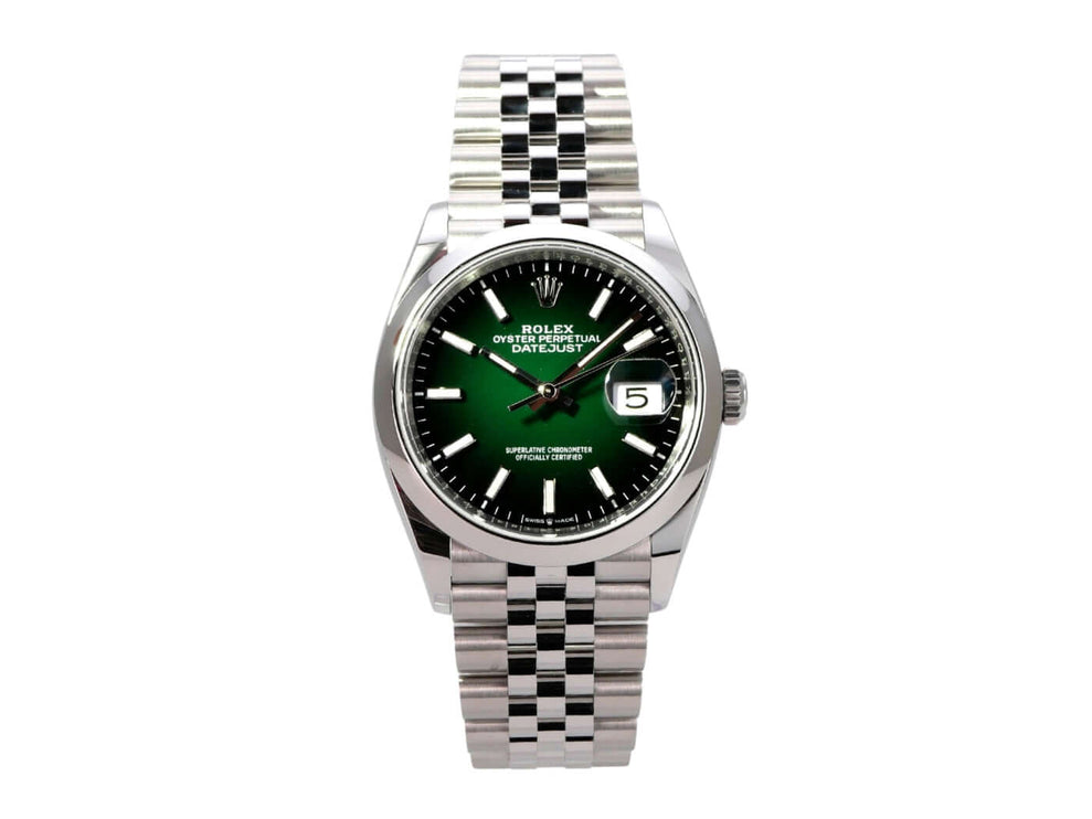 Rolex Datejust 36 Oystersteel 126200 Grün Ombre Jubile-Band, Edelstahl-Herrenuhr mit grünem Zifferblatt