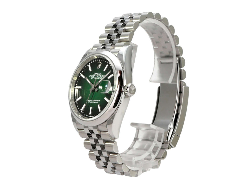 Rolex Datejust 36 Oystersteel 126200 Grün Ombre Jubile-Band, grüne Zifferblattansicht