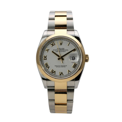 Rolex Datejust 36 126203 Weiß Römisch - Detailaufnahme des weißen Zifferblatts mit römischen Ziffern.