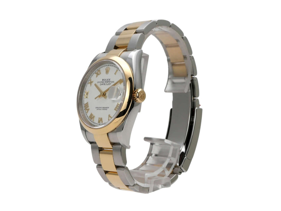 Rolex Datejust 36 126203 Weiß Römisch - Seitenansicht des Armbands aus Edelstahl und 18 kt Gelbgold.
