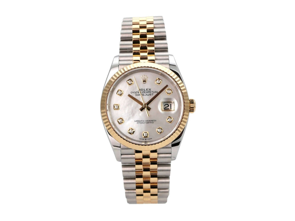 Rolex Datejust 36 126233 Perlmutt Diamant Jubile-Band Edelstahluhr mit Gelbgold und Diamant-Zifferblatt.