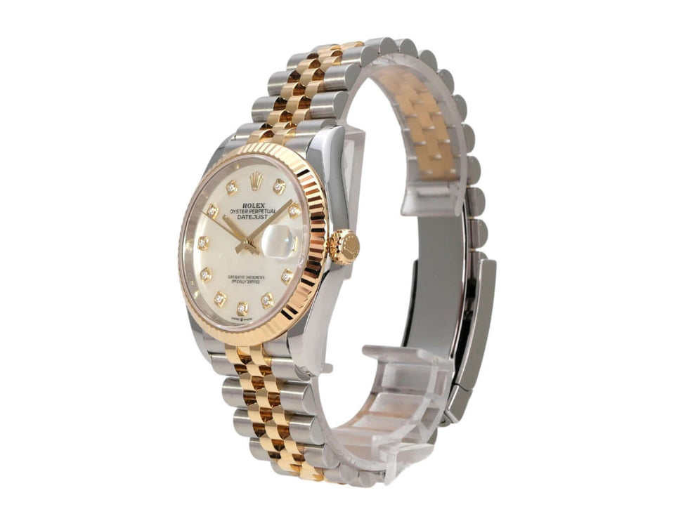 Rolex Datejust 36 126233 Perlmutt Diamant Jubile-Band Uhr mit Edelstahl- und Gelbgoldarmband.