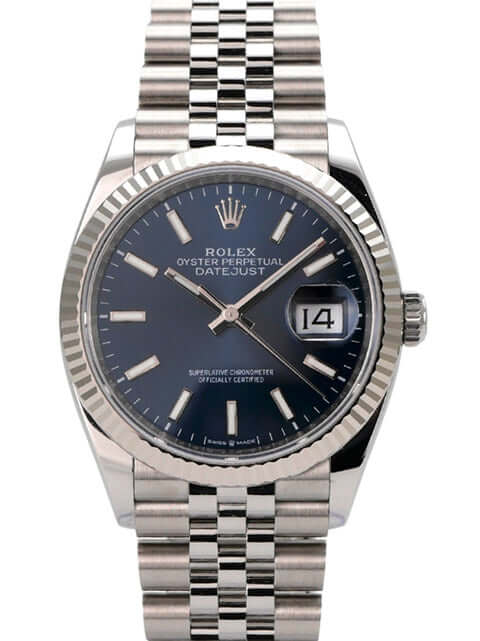 Rolex Datejust 36 Oystersteel Weißgold 126234 Blau Jubile-Band mit blauem Zifferblatt und jubilee Band.