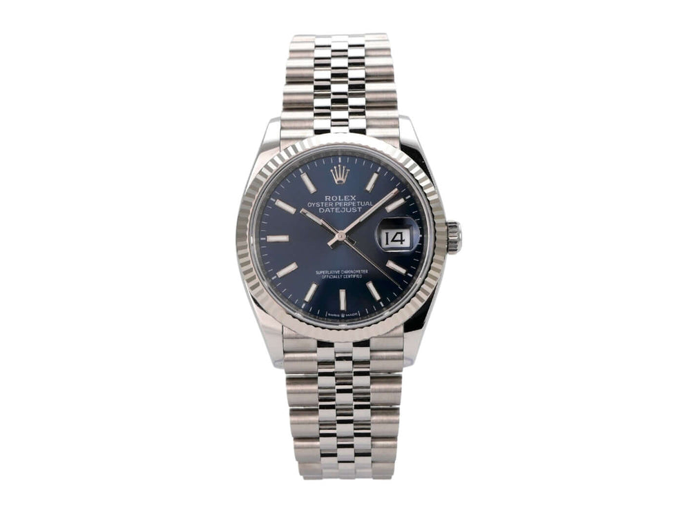 Rolex Datejust 36 Oystersteel Weißgold 126234 Blau Jubile-Band mit blauem Zifferblatt und Edelstahlband