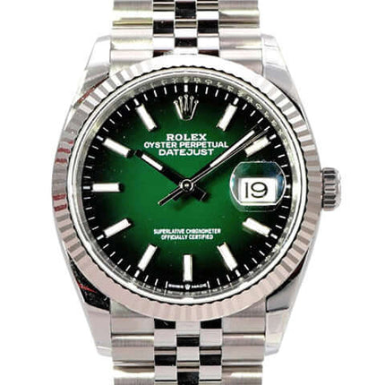 Rolex Datejust 36 Oystersteel Weißgold 126234 Grün Ombre Jubile-Band, grünes Zifferblatt mit Datum und Jubilé-Band