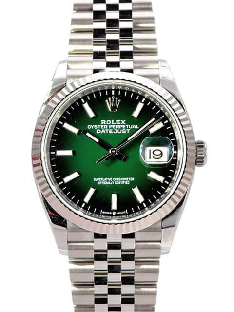 Rolex Datejust 36 Oystersteel Weißgold 126234 Grün Ombre Jubile-Band, grünes Zifferblatt mit Datum und Jubilé-Band