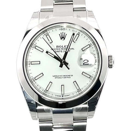 Rolex Datejust 41 Ref. 126300, Edelstahl, weißes Zifferblatt, Oyster-Band, polierte Lünette, Automatikwerk, 41 mm Gehäusedurchmesser