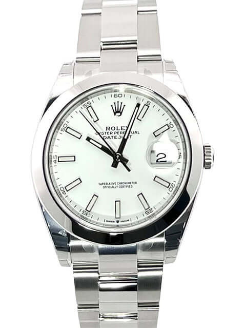 Rolex Datejust 41 Ref. 126300, Edelstahl, weißes Zifferblatt, Oyster-Band, polierte Lünette, Automatikwerk, 41 mm Gehäusedurchmesser
